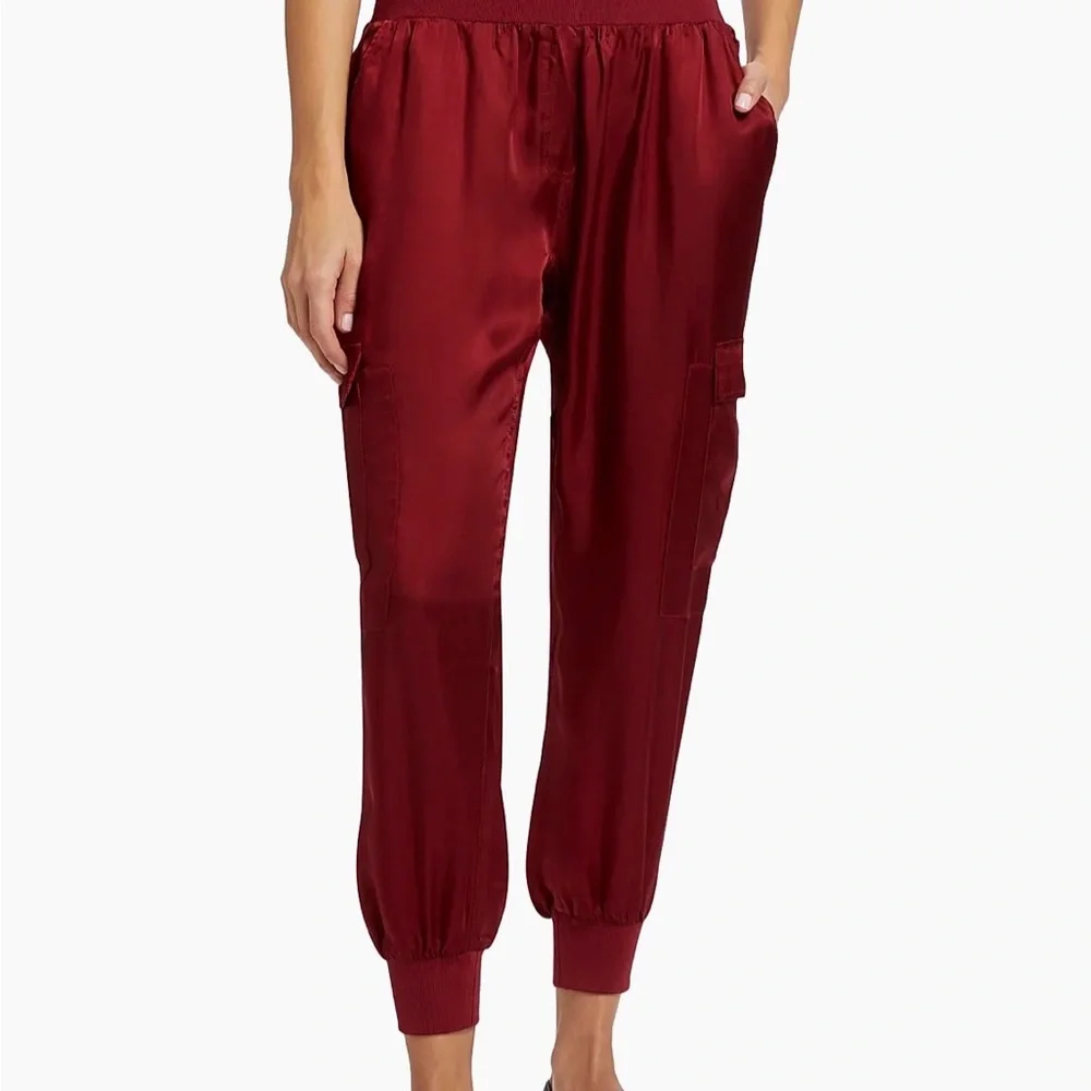 cinq a sept Burgundy Satin Cargo Jogger Pants - Picture 1 of 6